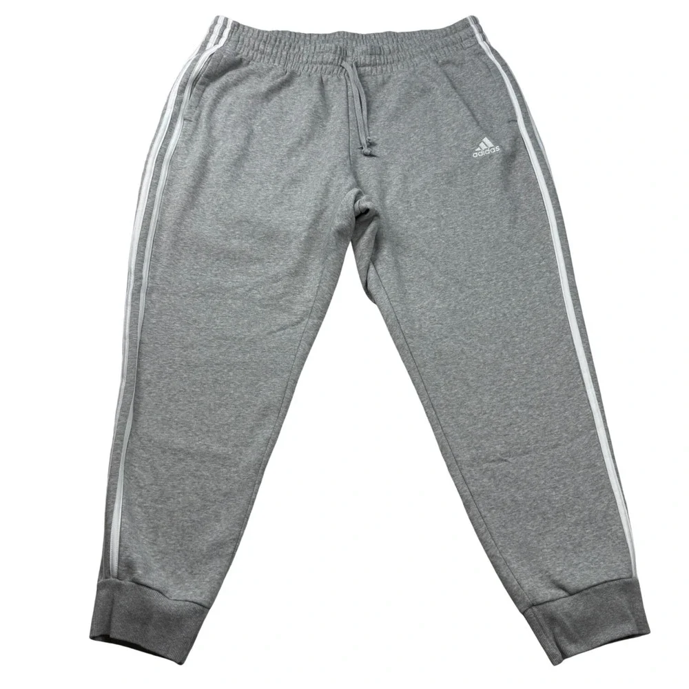 Adidas Mens 2X Heather Gray 3-Stripe Fleece Joggers Sweatpants Tapered Leg
